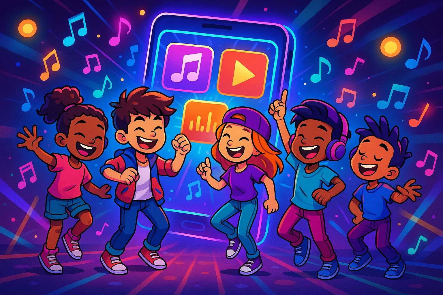 Kids dancing to new 2025 songs with neon lights and modern style.