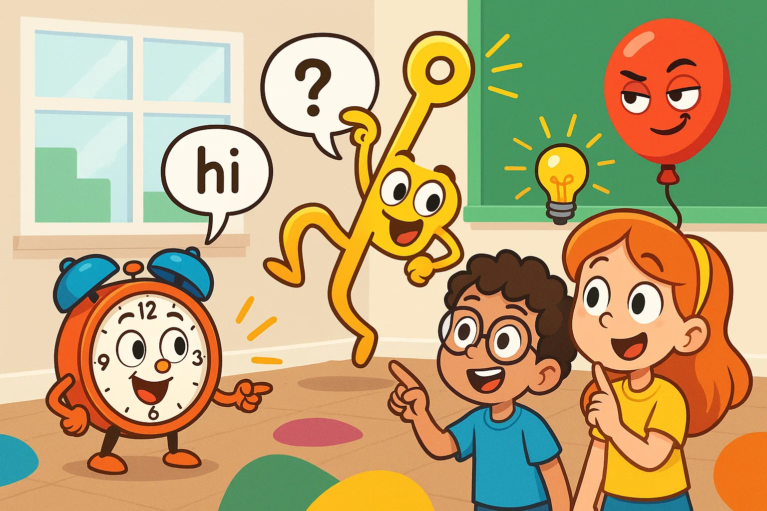 Kids solving object riddles with cartoon objects in a classroom.