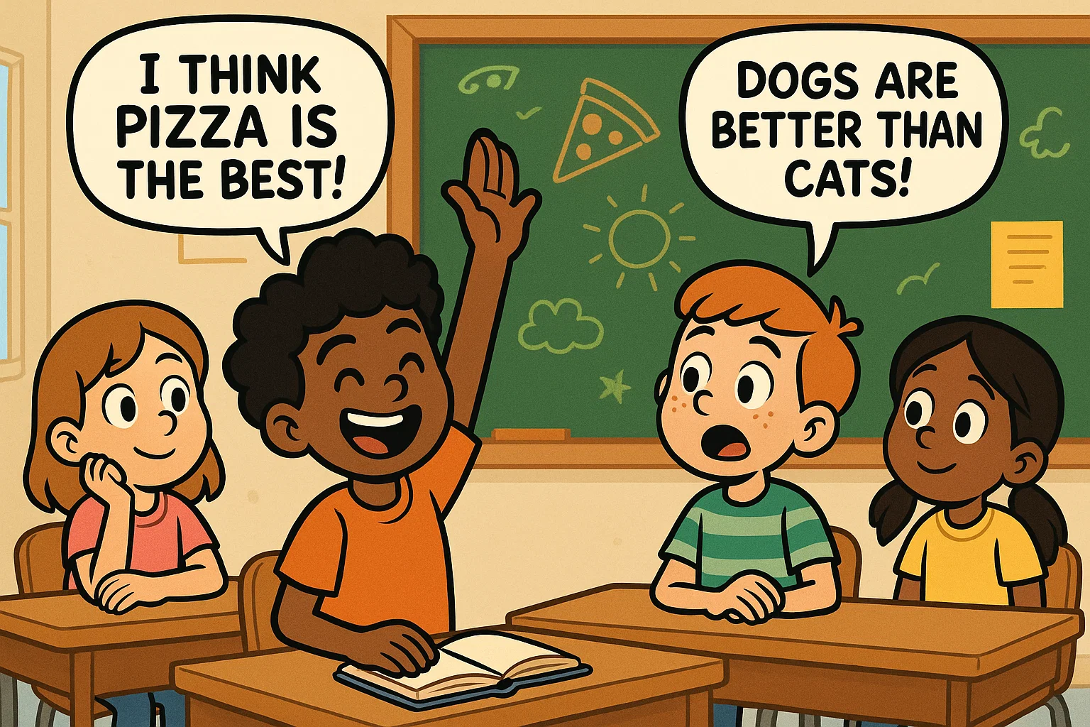 Opinion writing prompts for 1st grade classroom with student sharing ideas.