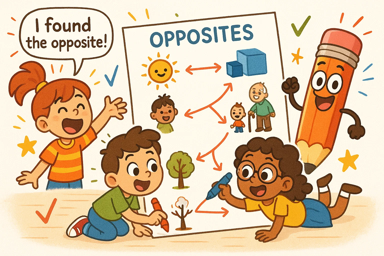 Opposite word practice exercises kids cartoon with children completing activity sheets.