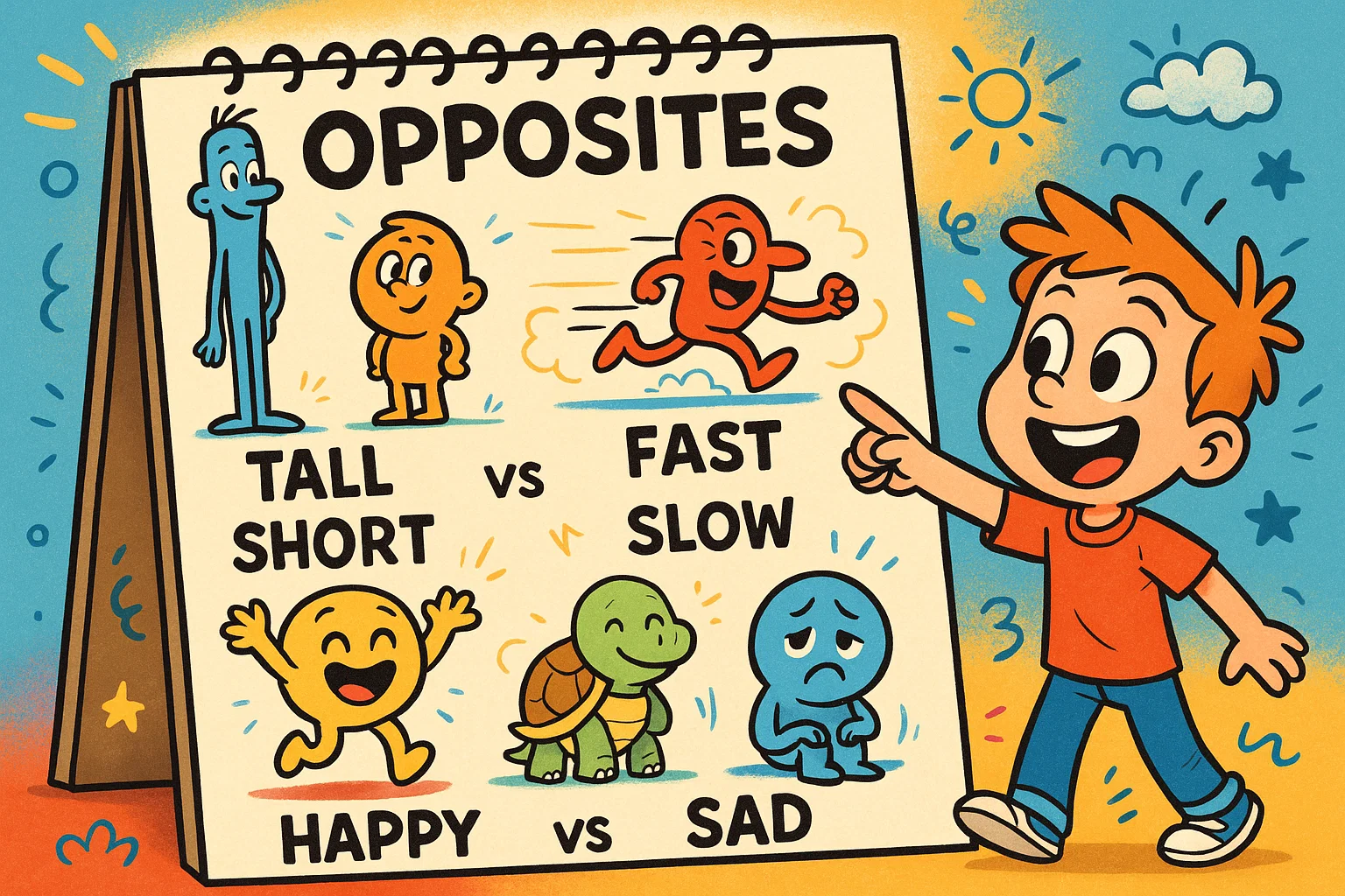 Opposite words big list examples cartoon showing lively illustrated word pairs for kids.