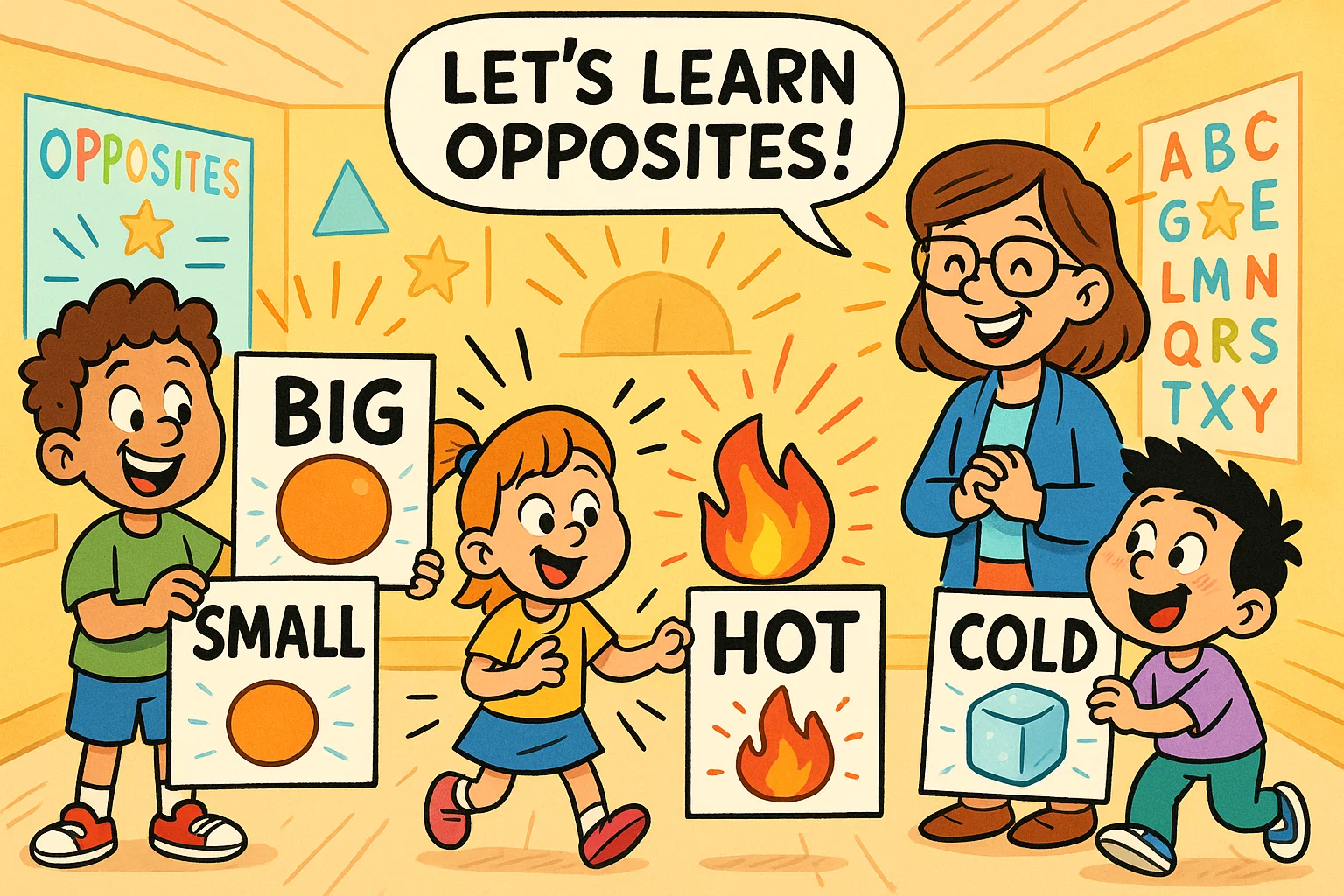 Opposite words for kids main cartoon with children holding word pairs and a happy teacher.