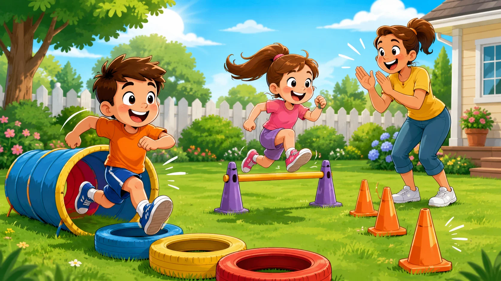 Outdoor family games for Labour Day with kids on backyard obstacle course. 
