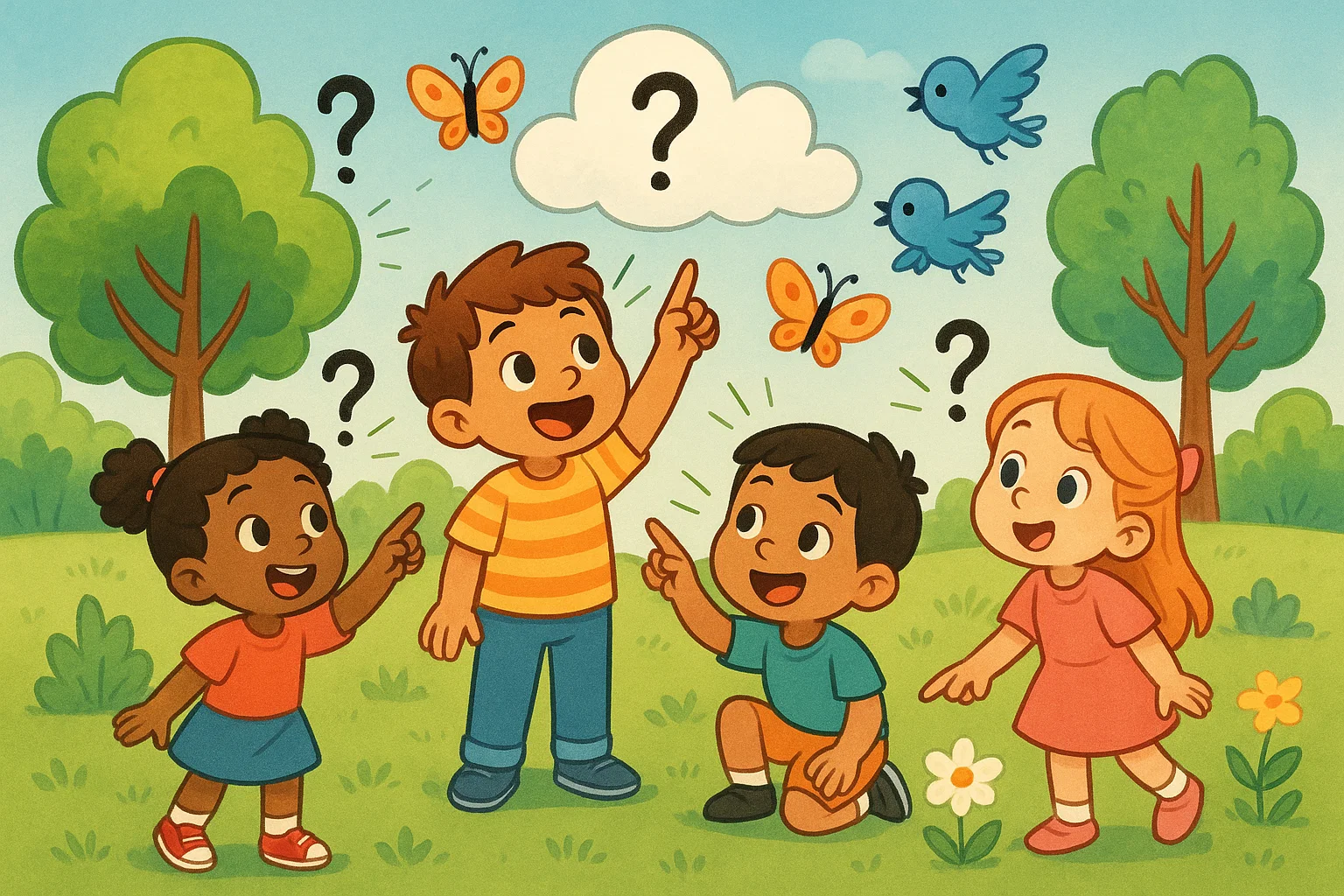  Children solving outdoor and nature riddles for kids while exploring a sunny park.
