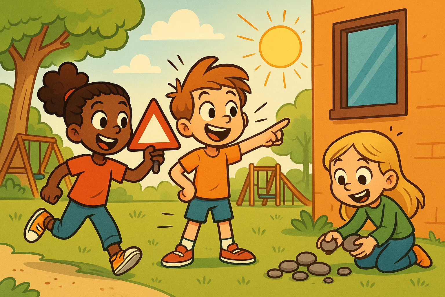 Outdoor shape exploration with kids finding real-world shapes in a playful scene.