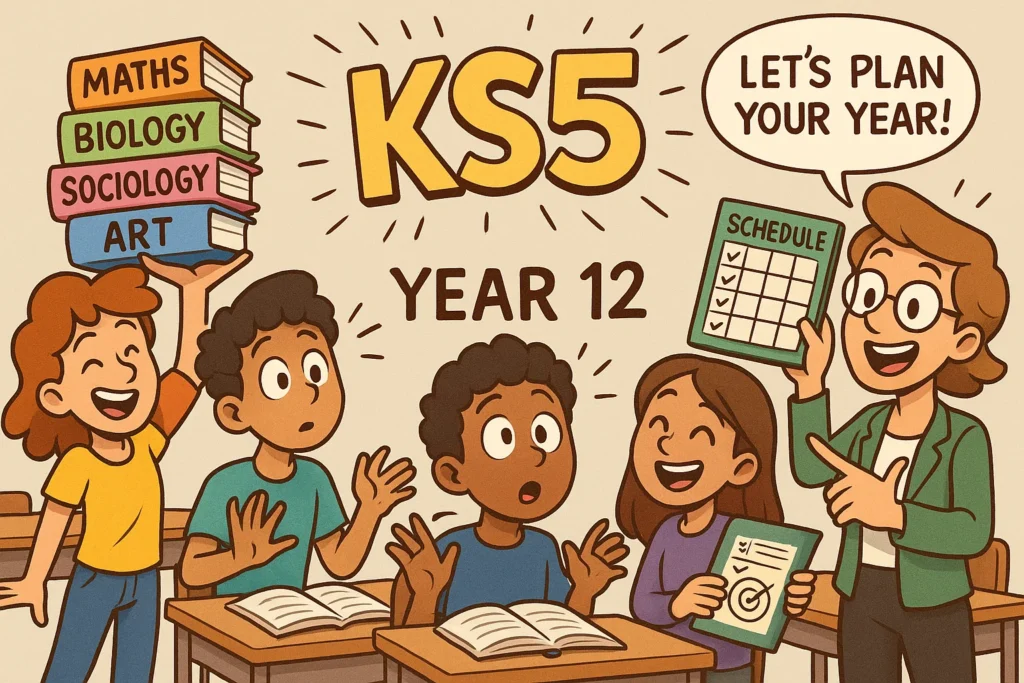 Cartoon overview of year 12 study secondary school with key stage 5 subjects.