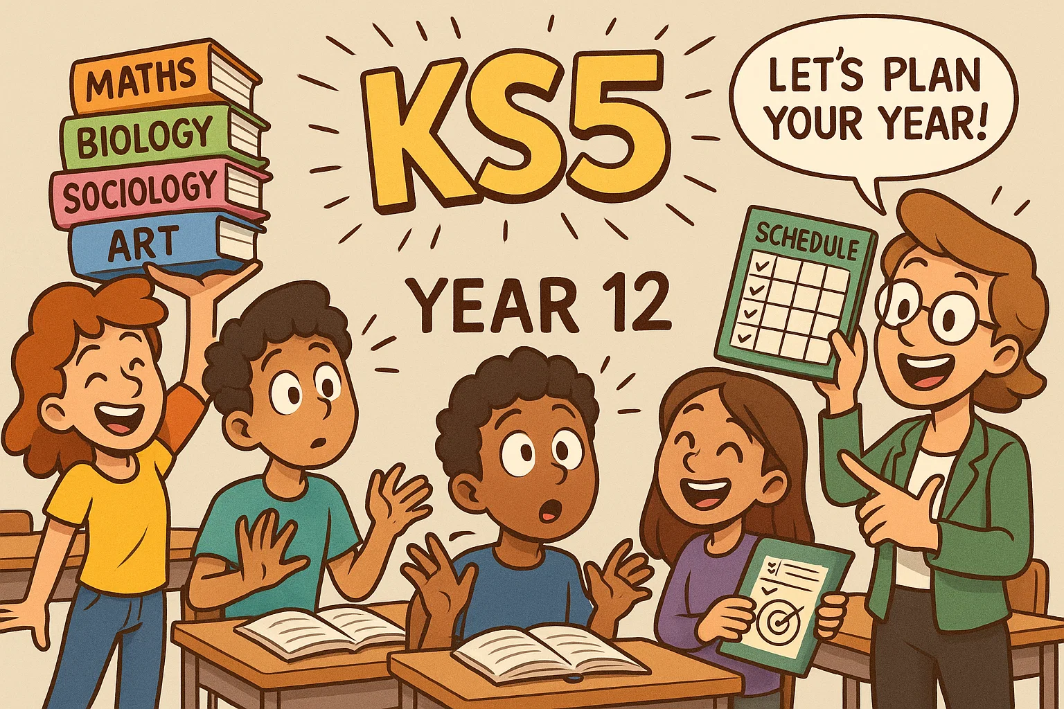 Cartoon overview of year 12 study secondary school with key stage 5 subjects.