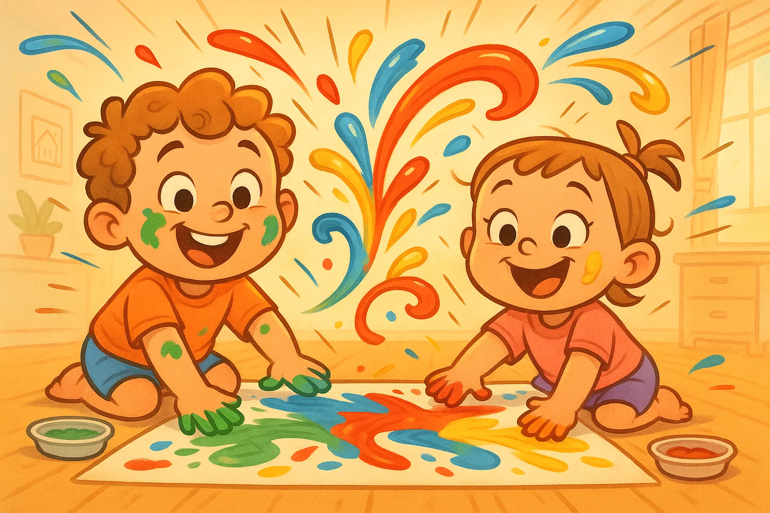 Two-year-old toddlers painting with bright colors during creative play.
