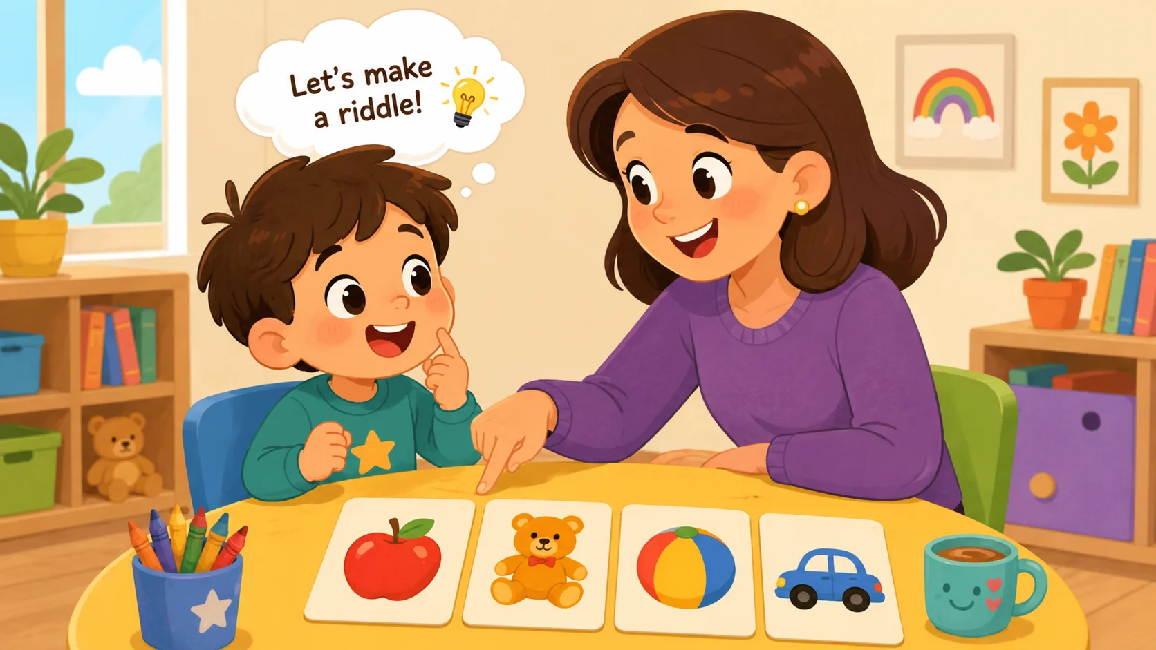  Parent and child creating riddle with apple picture card. 
