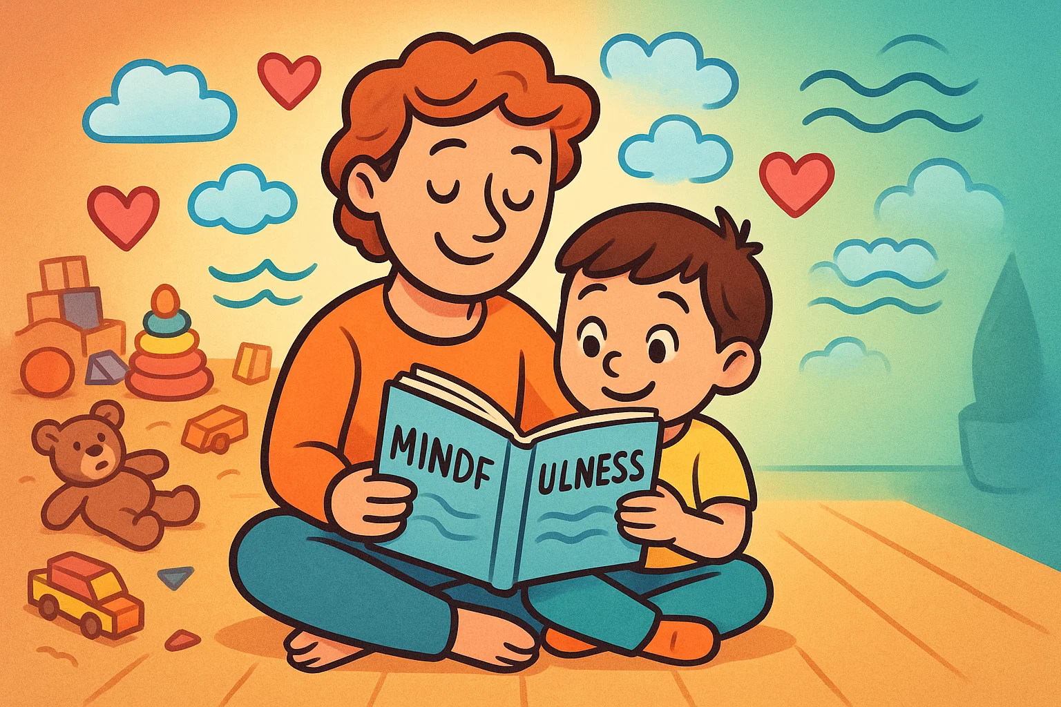 Parent and child read mindfulness book showing why calming books matter for kids.