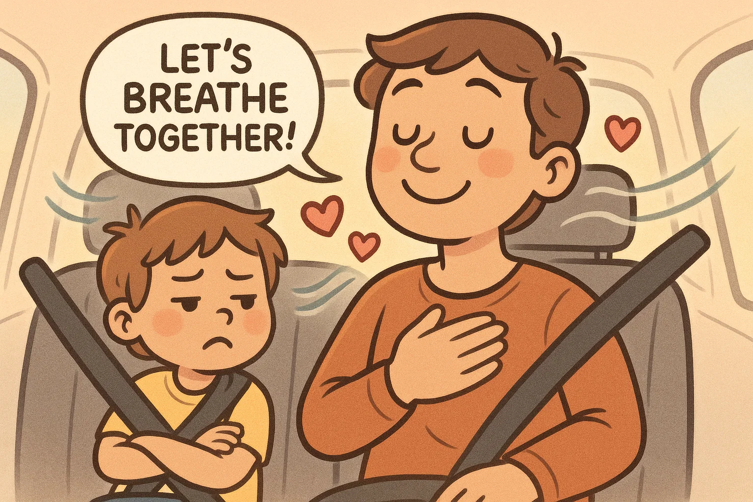 Cartoon parent and child practicing calm breathing together in the car.