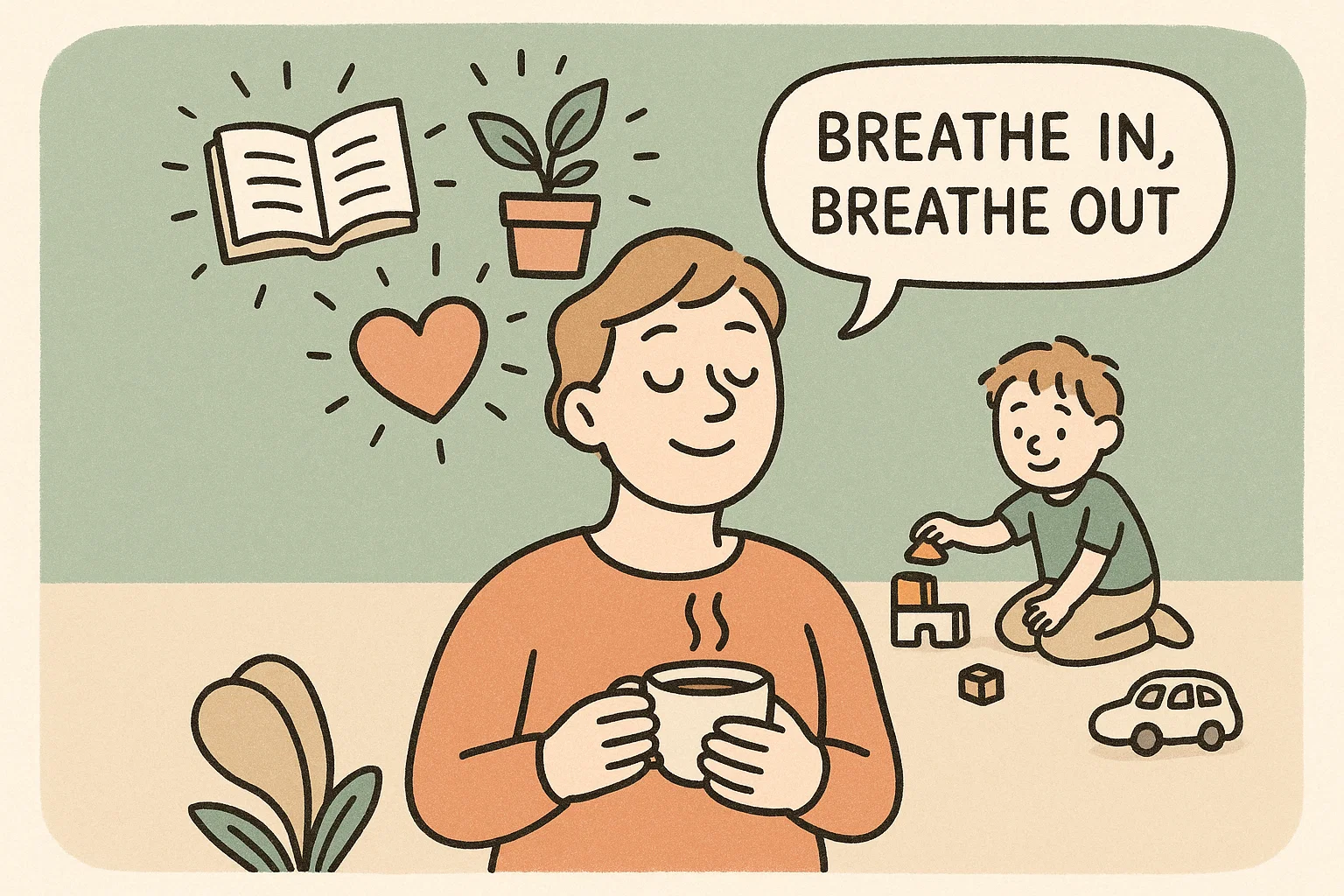 Parent self care after child meltdown relaxing with tea and peaceful atmosphere.
