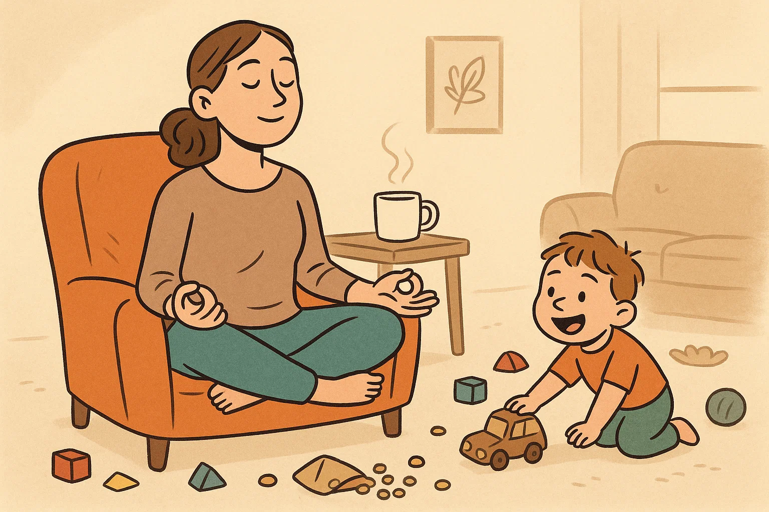 Parent taking moment of self care and relaxation after busy public outing.