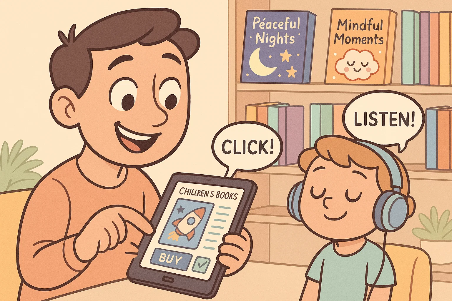 Parent shops calming books for kids online as child listens to audiobook.