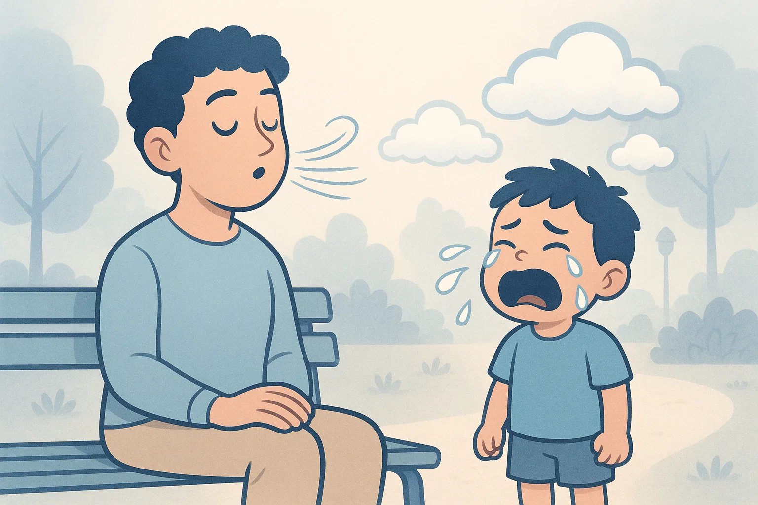 Parent staying calm and breathing deeply during child tantrum in public park.
