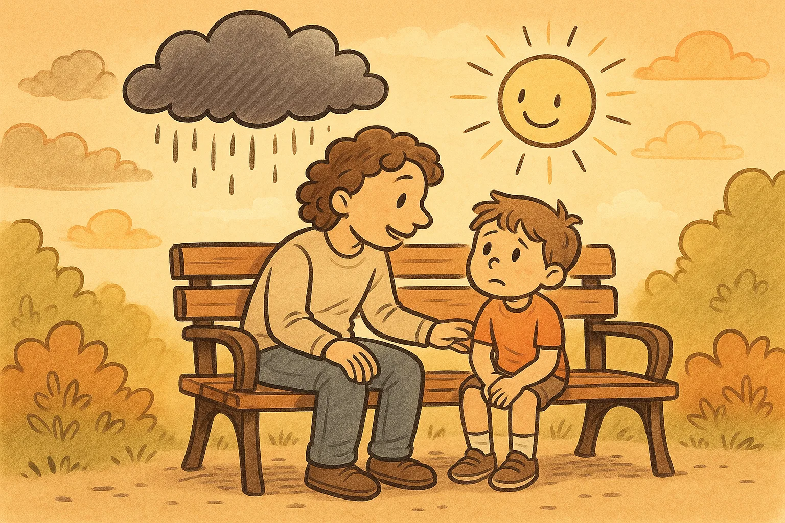 Parent talking gently with child on park bench after public tantrum.