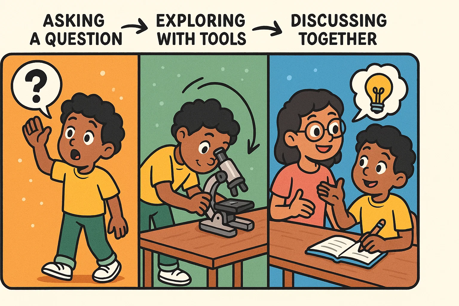 Illustration of inquiry process phases in education from question to reflection.