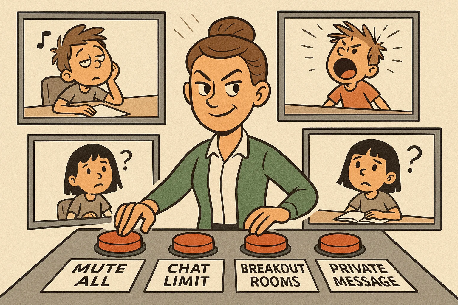 Teacher planning challenging online classroom behavior using digital controls and student screens.