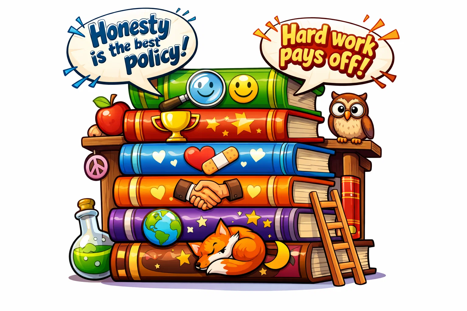 Cartoon bookshelf filled with colorful books, each showing a moral lesson, with speech bubbles highlighting key messages.

