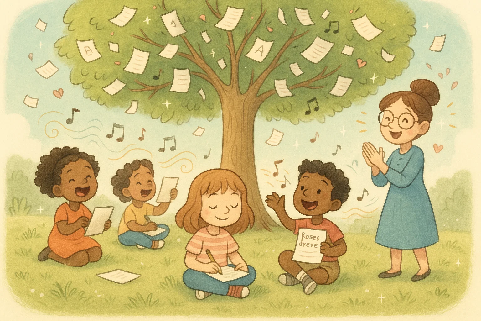 Kids writing creative poetry under tree with flying letters and bright ideas.