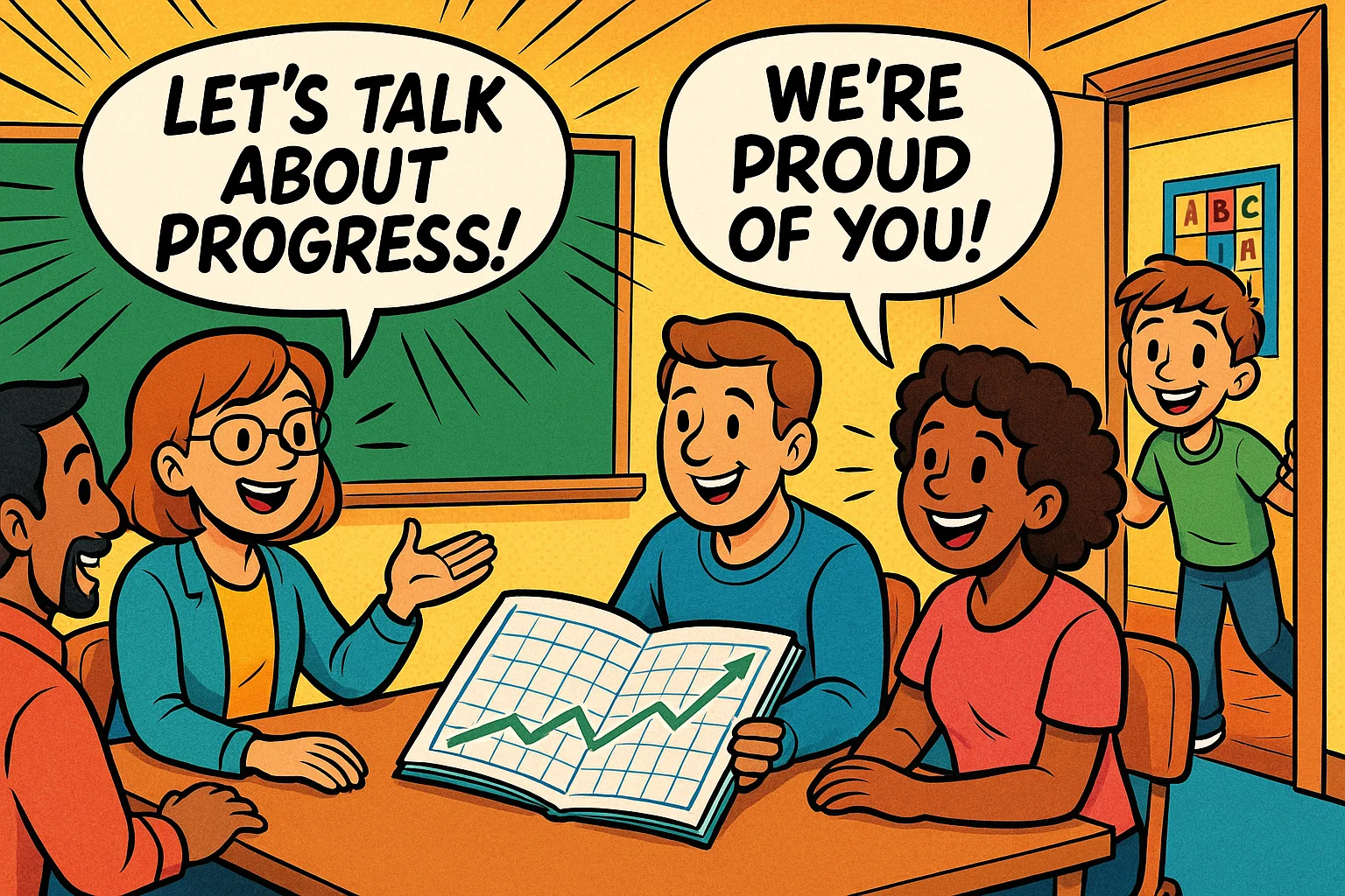 Teacher and parents discussing student progress in a parent teacher meeting cartoon.