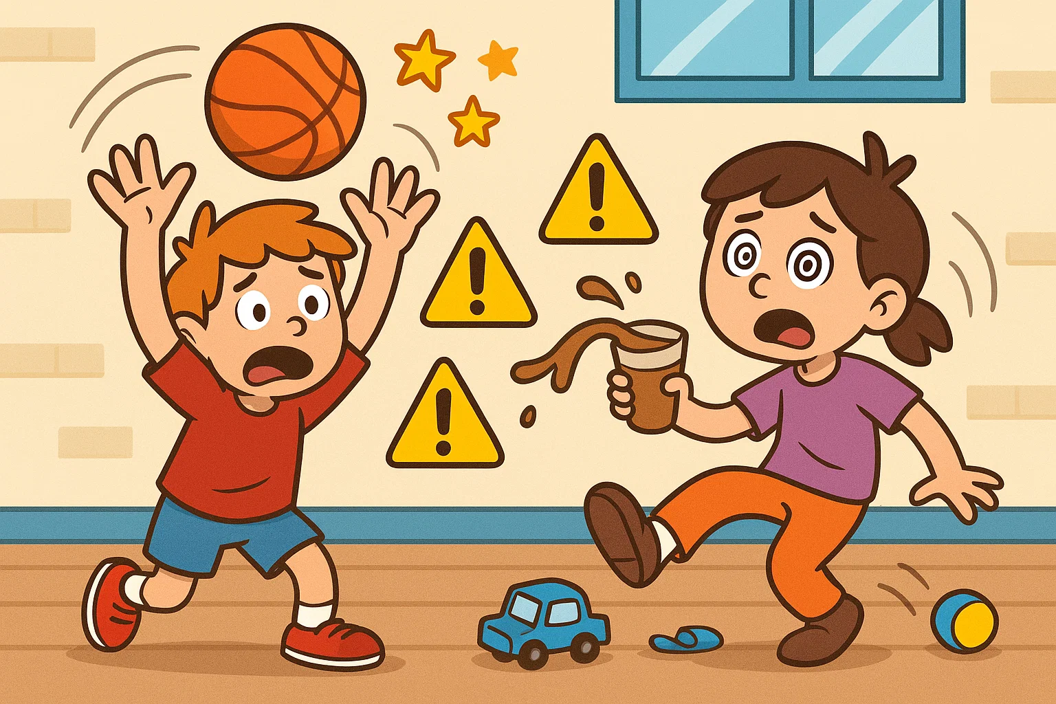 Cartoon showing problems caused by poor hand-eye coordination.
