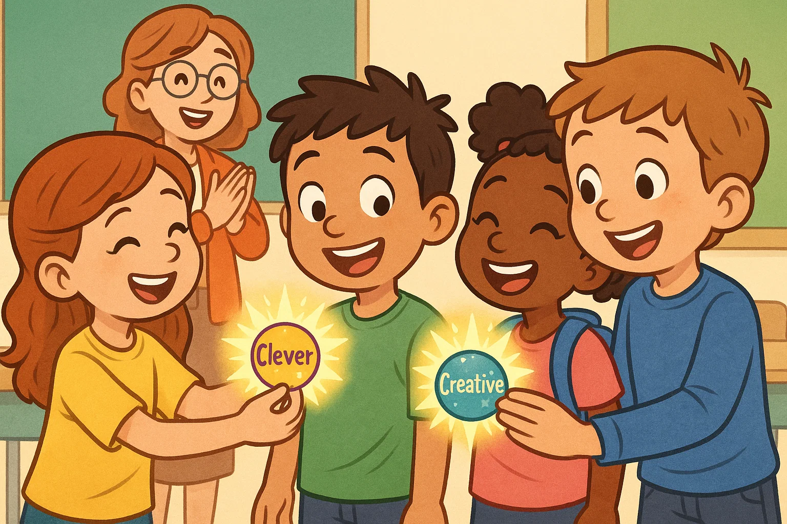Children share positive c adjectives funny badges in a bright cartoon classroom.