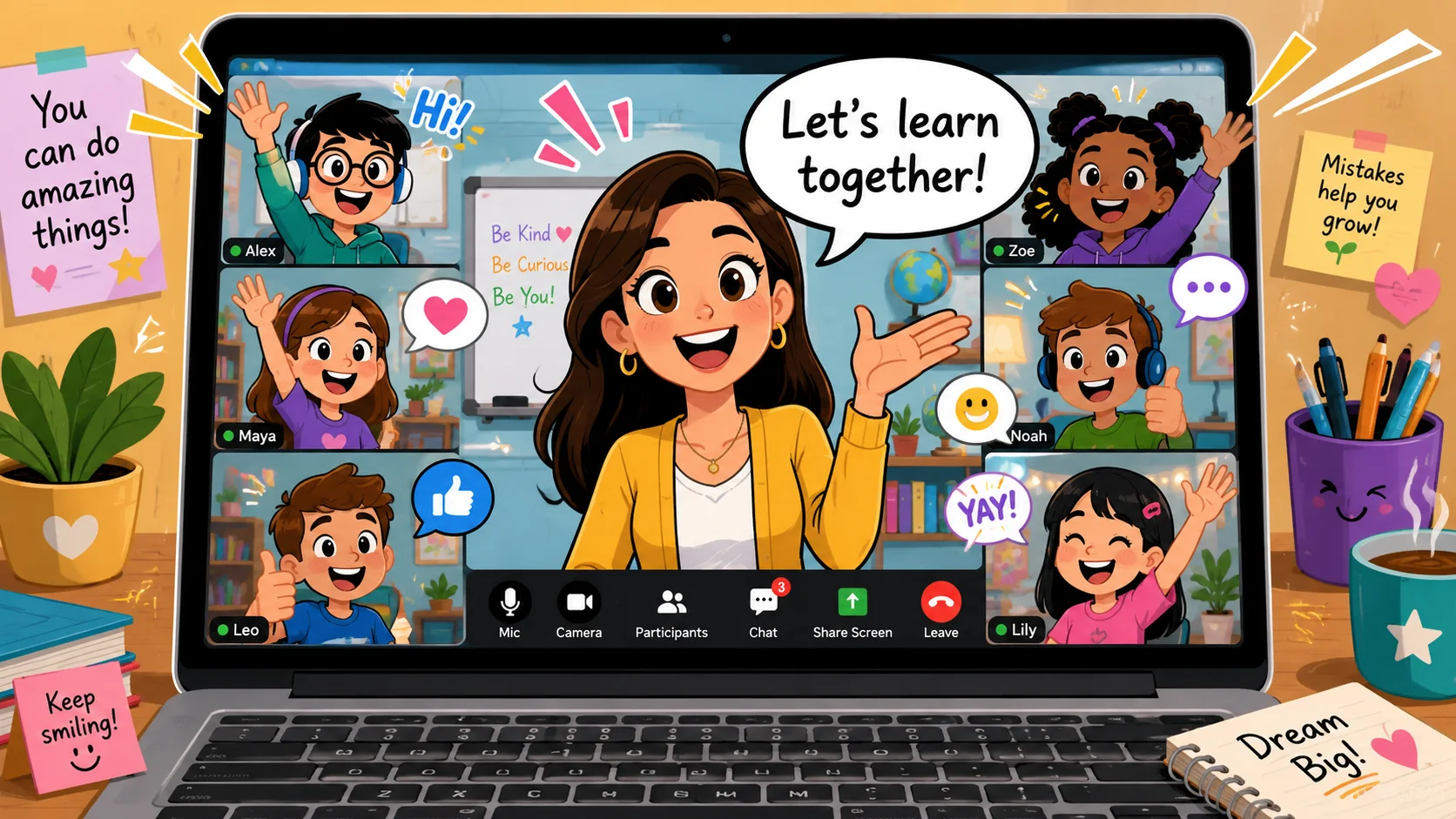  Positive online classroom behavior with teacher and students in virtual class. 
