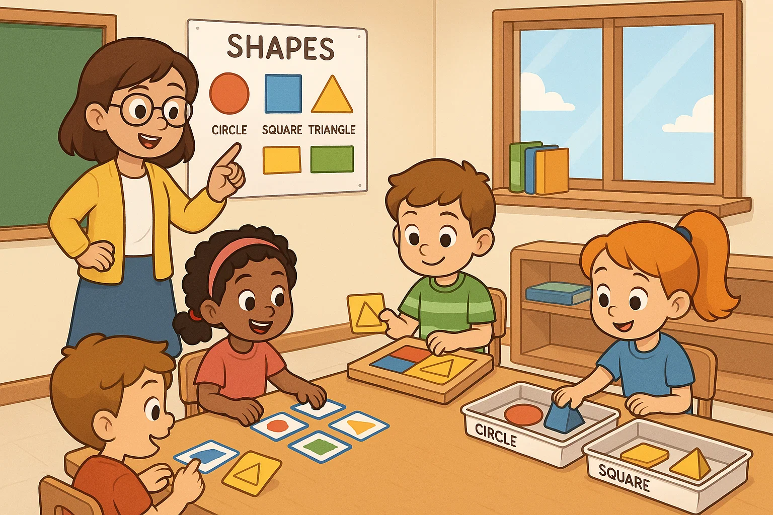 Practical classroom shape activities with puzzles and sorting tasks for young students.