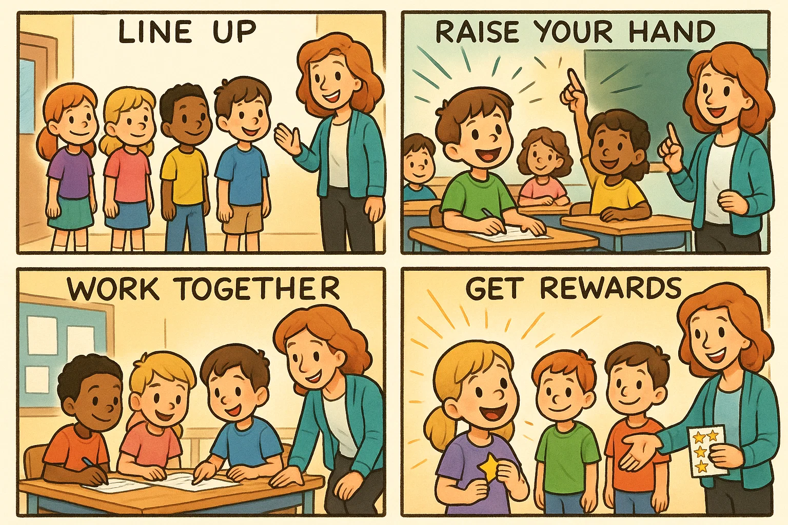 Cartoon storyboard presenting practical examples classroom rules teachers apply in class.