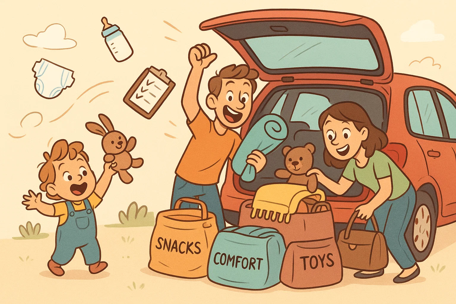 Cartoon family preparing for trip and packing car with kids’ travel items.