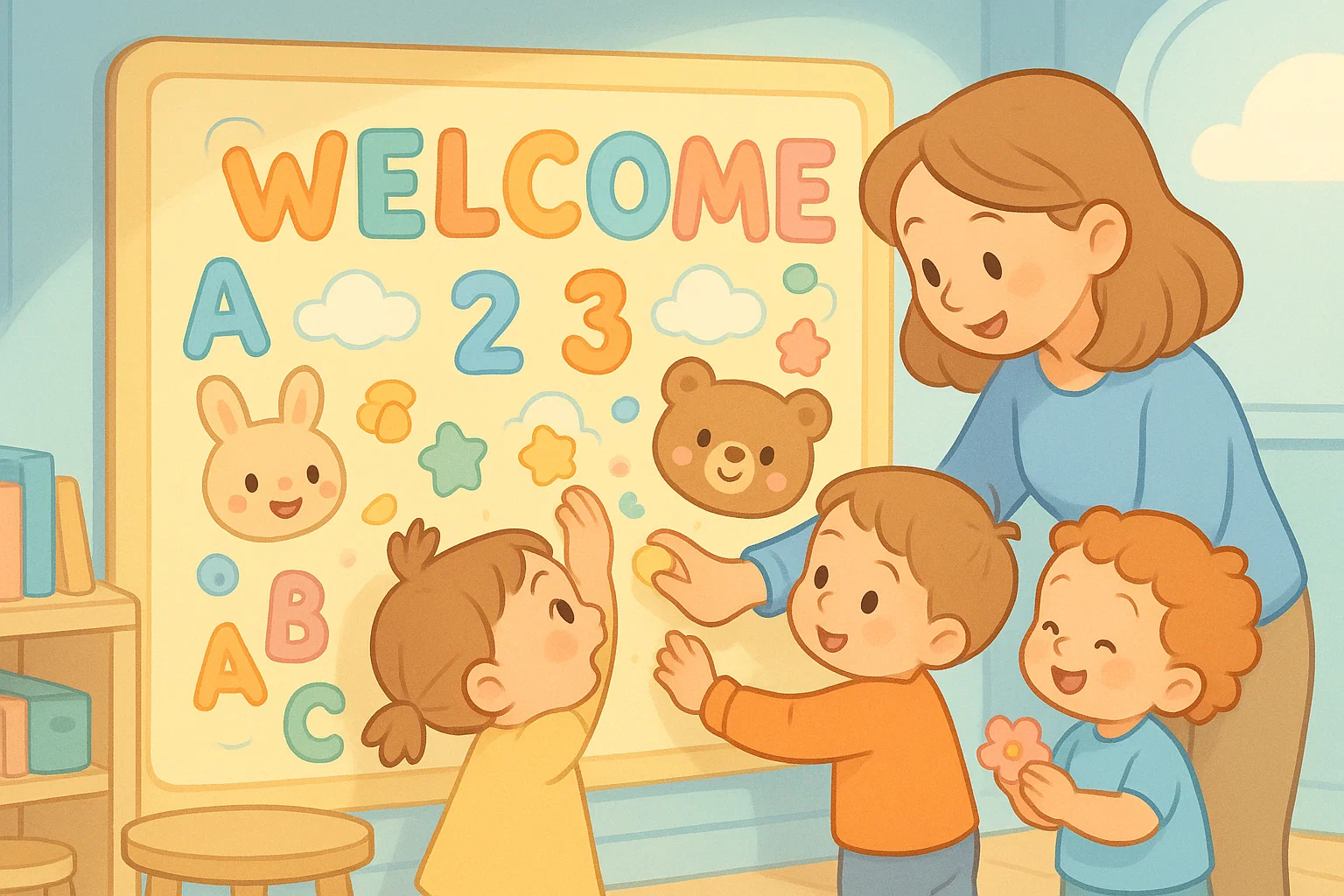 Preschool welcome board cartoon with pastel ABC decorations and happy toddlers.