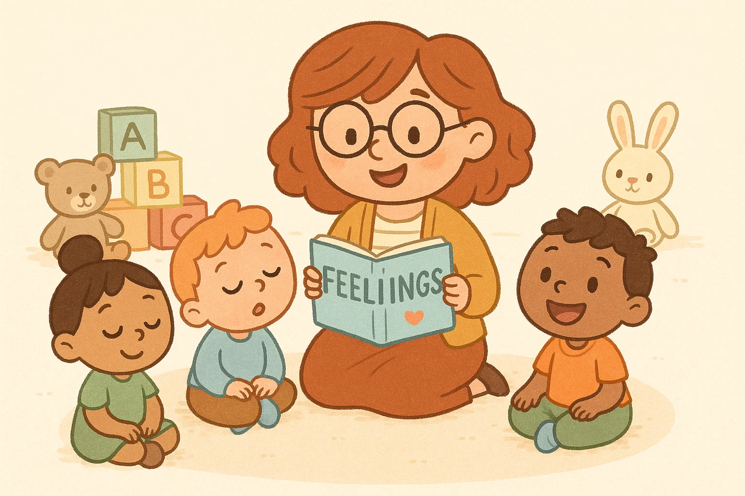Preschoolers read calming books about feelings and emotions in a friendly classroom.