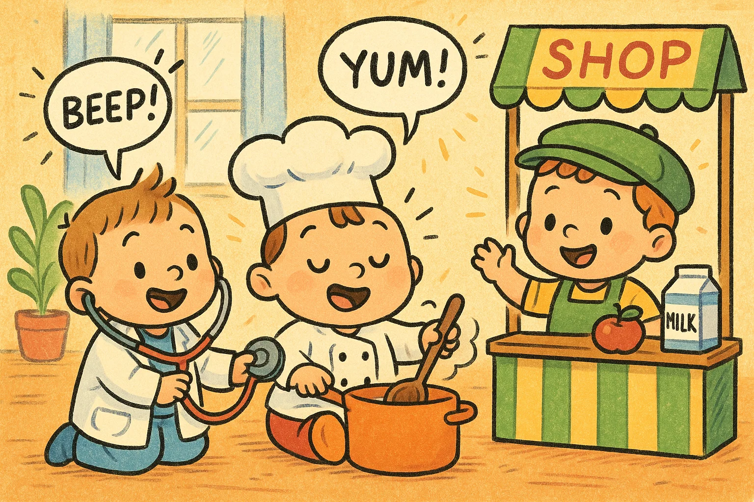 Toddlers in pretend play wearing costumes and acting as doctor and chef.
