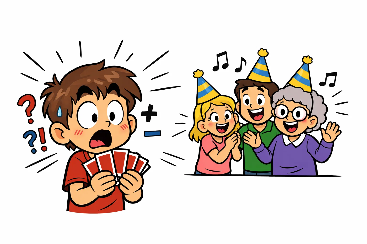 Probability combinatorics cartoon with cards and matching birthdays surprise.
