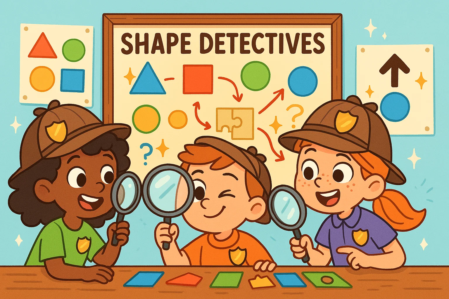 Problem solving with shapes as children solve puzzles in a fun detective-themed activity.