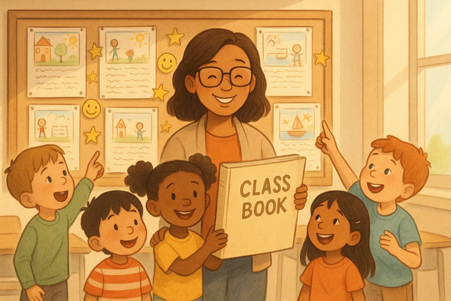 Children holding class book showing published kindergarten writing compositions.