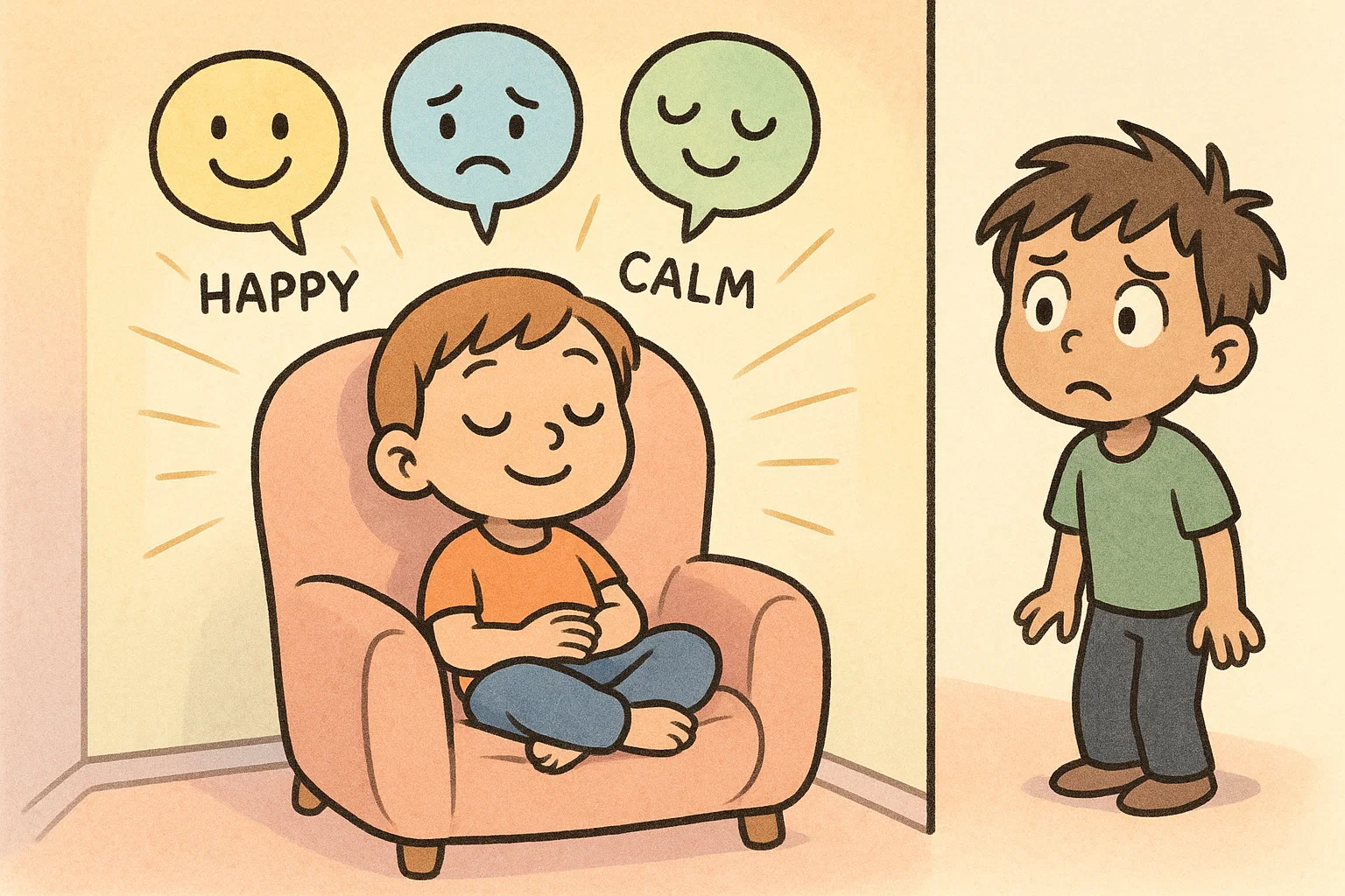 Cartoon showing child relaxing in calm corner and learning emotional regulation.