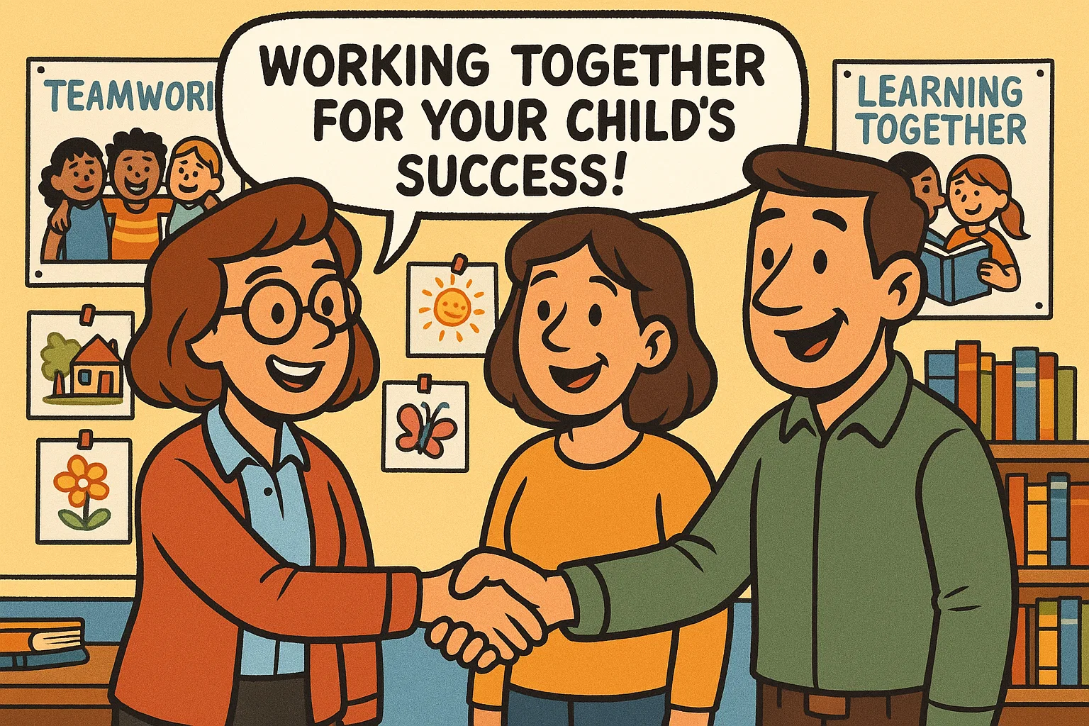 Parents and teacher shaking hands in classroom showing purpose of parent teacher meetings. 