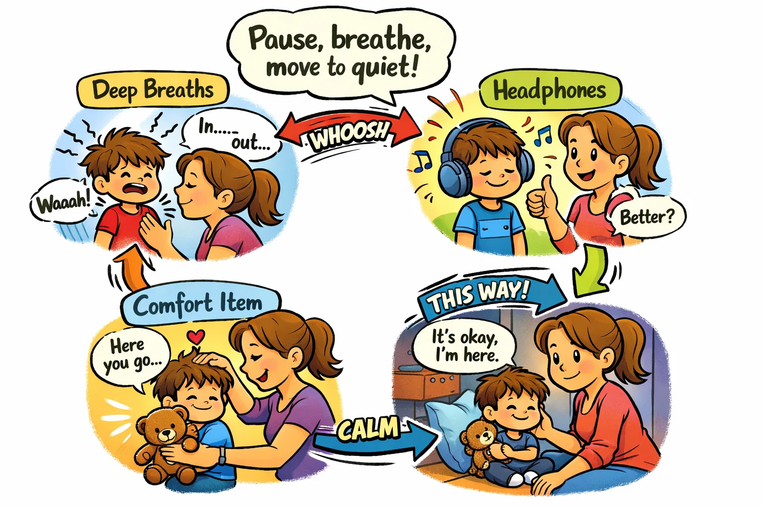 Quick calming steps for kids in public spaces, showing breathing, quiet spots, and calming items.
