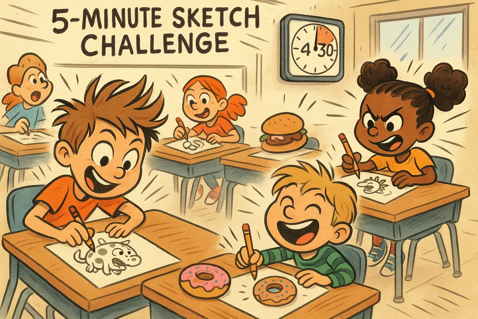 Grade 4 kids sketching quick creative drawings during classroom warm-ups.