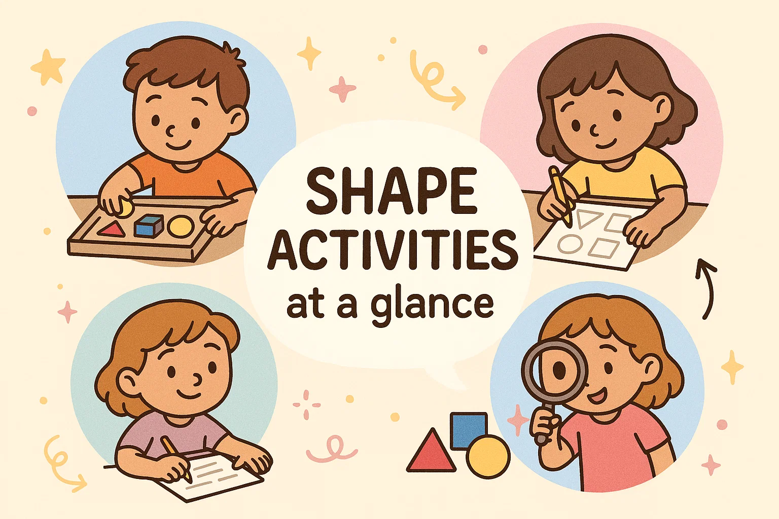 Quick overview of shape activities for kids shown in simple playful cartoon scenes.