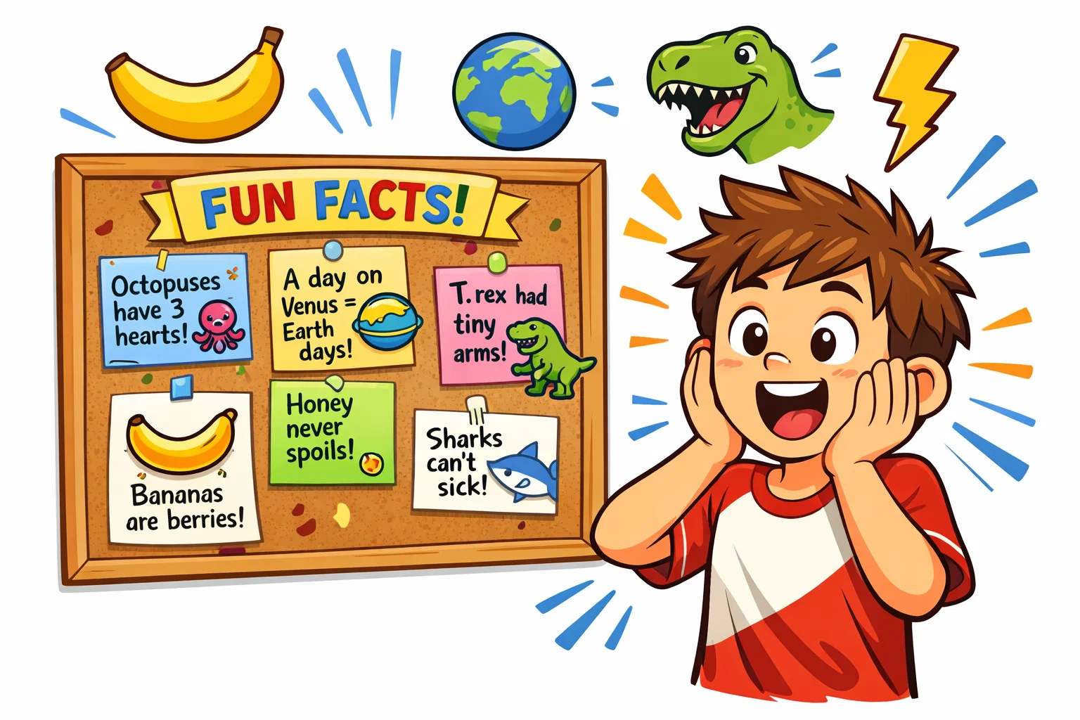 Random fun facts for 11 year olds with surprised kid and colorful learning icons.