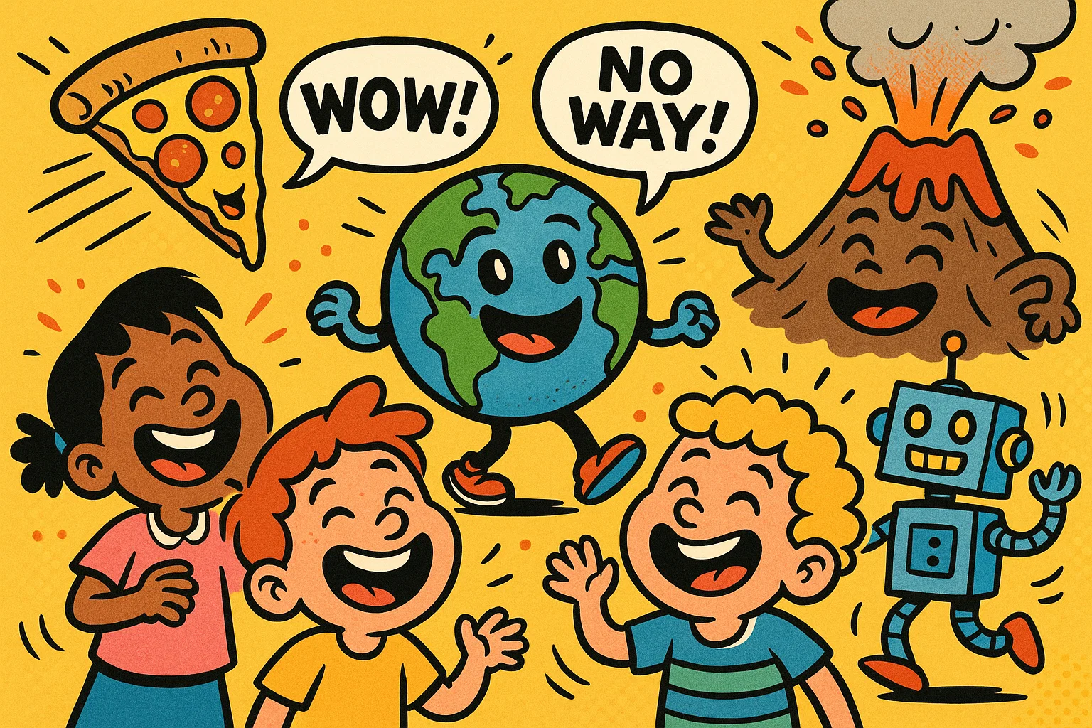 Cartoon of laughing 10 year olds exploring random fun facts with humor.
