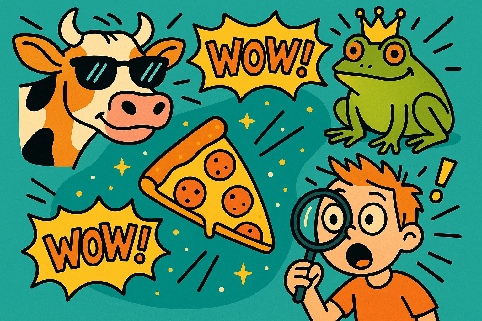  Cartoon collage of random fun facts for 12 year olds with animals and humor.
