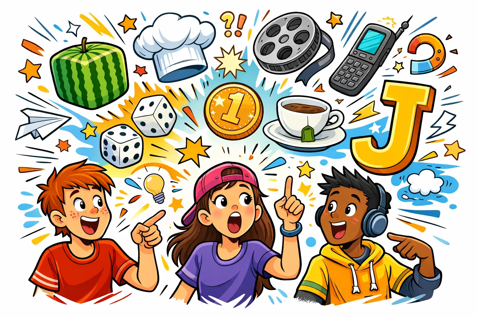 Teenagers amazed by random fun facts and floating trivia objects in a comic-style illustration.
