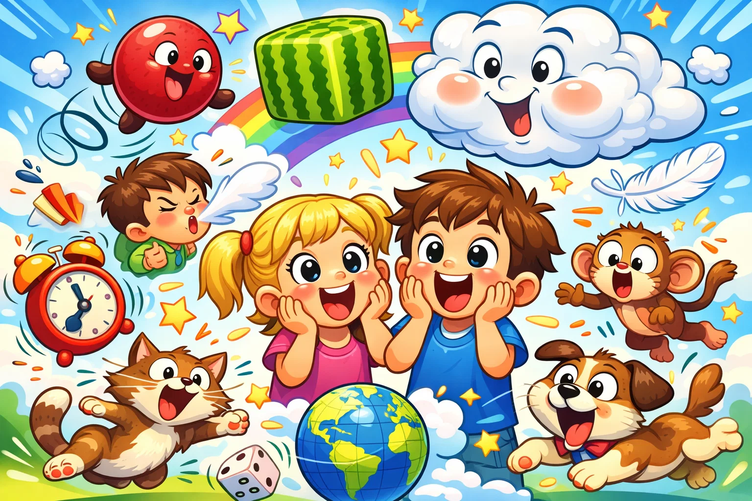 Random fun facts for kids cartoon collage with silly objects and amazed preschoolers.
