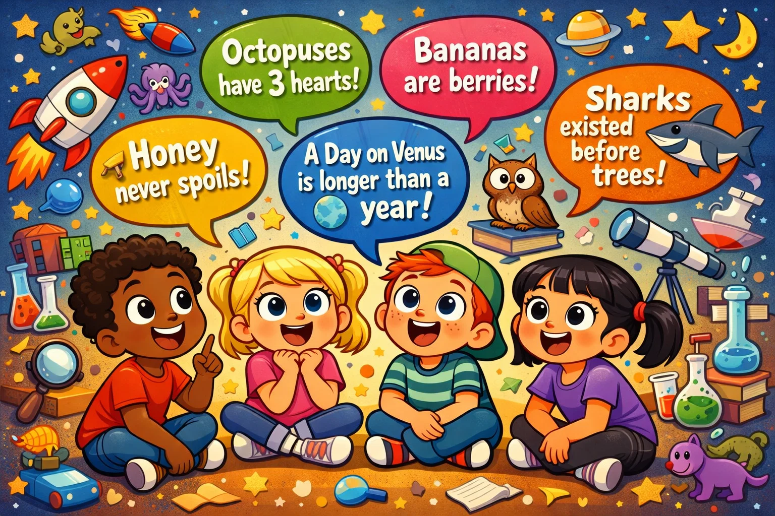 Cartoon of kids in classroom laughing at random fun facts with engaging colorful elements.
