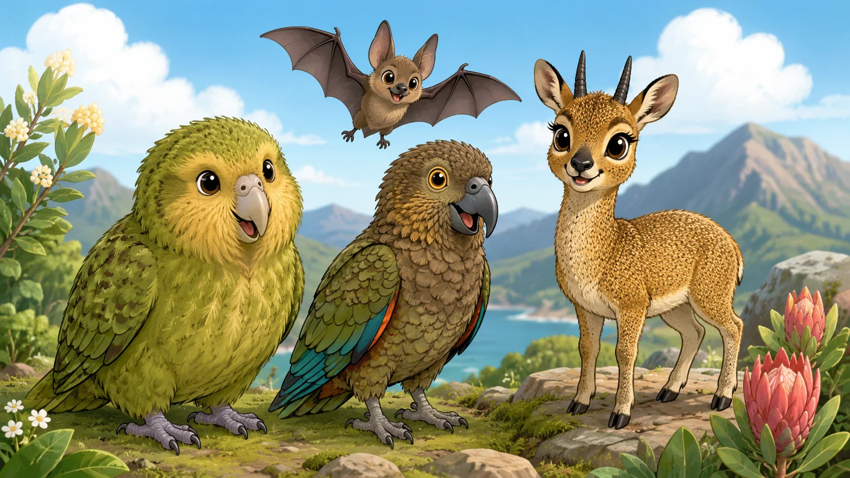 Rare K animals cartoon nature scene with kakapo, kea, klipspringer, and tiny bat. 

