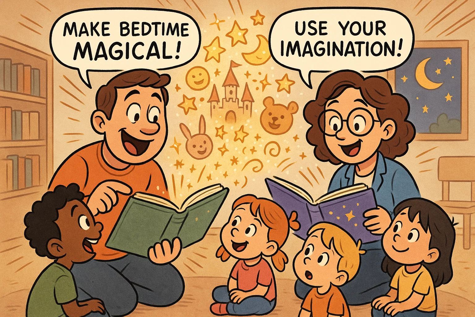 Parent and teacher sharing reading tips through magic stories for children.